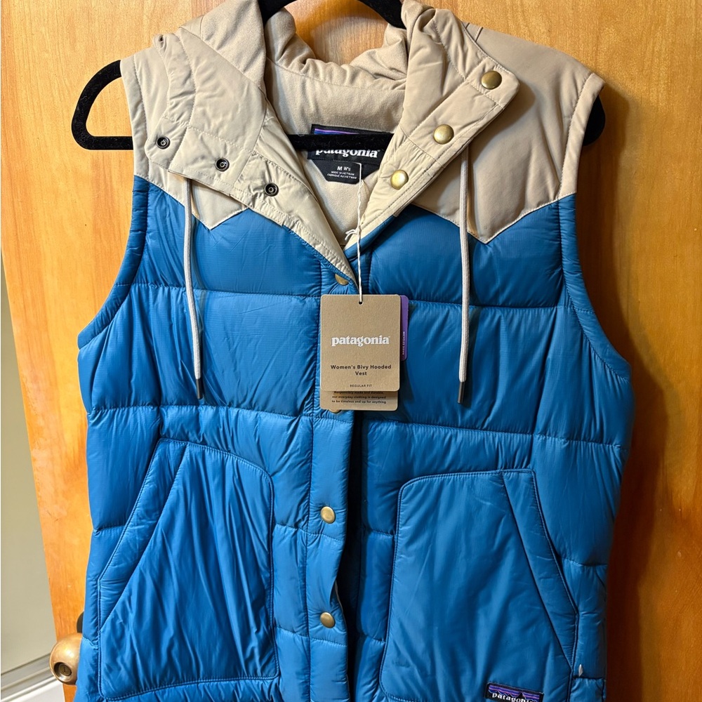 Patagonia Cream and Blue Hooded Vest